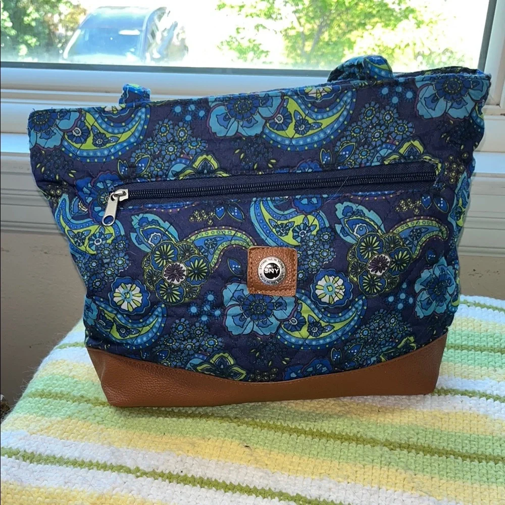 Floral Blue and Brown Shoulder Bag Stone New York
